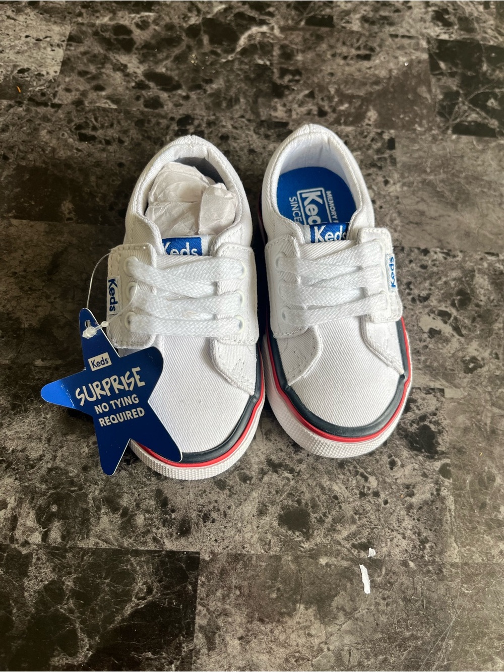 Keds Kids White Canvas Sneakers with Red & Navy Trim